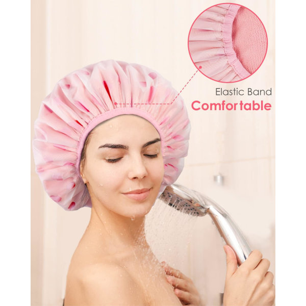 Badehætte, badehætte til kvinder Frottéforet EVA udvendigt genanvendelig dobbeltlags vandtæt, stor badehætte til alle hårlængder（Pink） Black