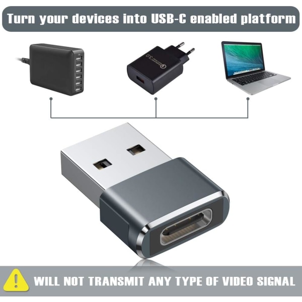 USB til USB C Adapter 3 Pack, Type C Hun USB A Han Converter Oplader Grey