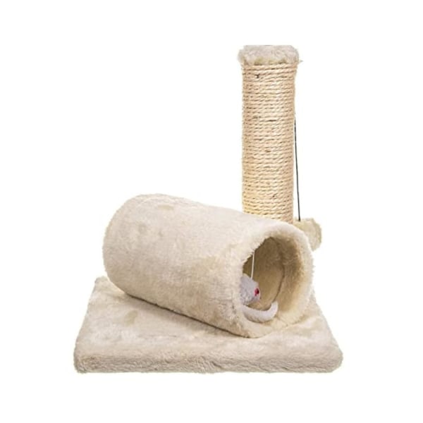 Kattskrapstolpe, trädtorn och tunnel - Kattungetorn 29 cm med musfälla och hängande boll - Grå sisalskrapstolpe för innekatter Beige