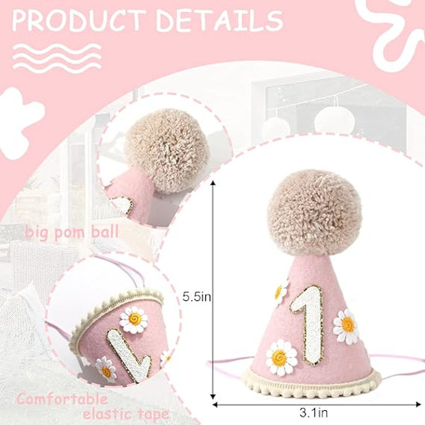 Första födelsedagshatt för bebis - 1-års kalasdekoration för bebisvisning, 1-års outfit flicka pojke, Daisy födelsedagshatt