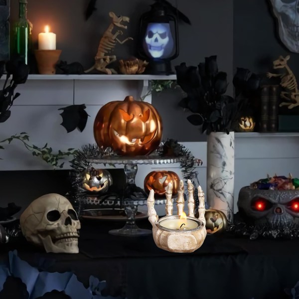 Skull lysestake, skull lysestake, vintage skjelett hodeskalle lysestake for soverom stue, Halloween jul (skjelett palm) 1
