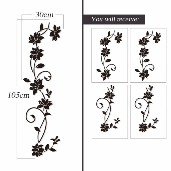 4 stk. væg tatovering blomsterranker sorte blomster hibiscus vægklistermærke vægdekoration blomsterranke klistermærke vægklistermærke baggrund