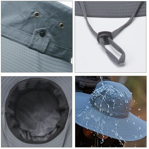 Unisex utendørs bredbremmet solhatt, utendørs fiskerhatt, 360° anti-UV pustende multifunksjonshatt, turhatt, svart Black