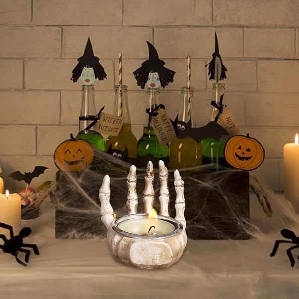 Skull-kynttilänjalka, pääkallo-kynttilänjalka, vintage -luurankokynttiläteline makuuhuoneen olohuoneeseen, halloween joulu (Skeleton palm) 1