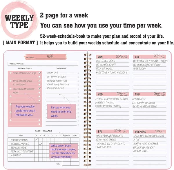 Ugentlig planlægger med vane tracker udaterede 52 uger To Do List Notebook Spiral ugentlig planlægger notesbog, Pink