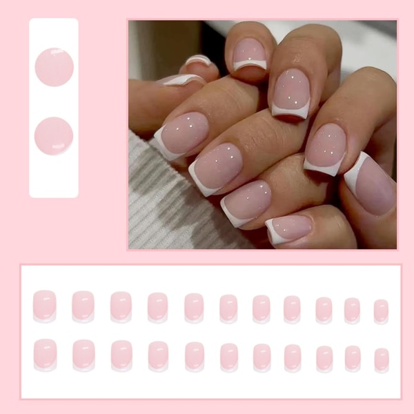 Franske falske negler - Trykk på negler - Full dekning falske negler Naken White Square Stick on Nails - Franske falske negler Stick på negler for kvinner Nail Art