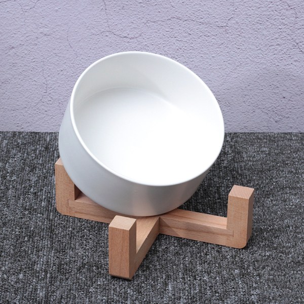 Förhöjd keramikmatskål med bambuställ för katter och små hundar (850 ml, tilt-vit)