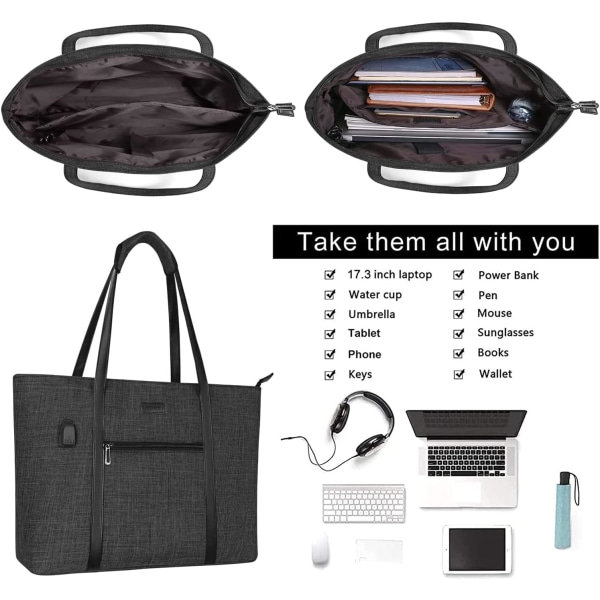 USB port bärbar tygväska för kvinnor, kompatibel med MacBook Air och mer, Work Travel Business datorväska med liten handväska, svart 44*33,5*10 cm Black