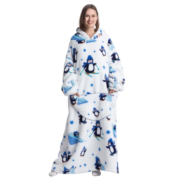Erittäin pitkä puettava peittohuppari, ylisuuri peittohuppari naisille ja miehille, erittäin lämmin ja mukava jättihupullinen peitto, paksu flanellipeitto penguin