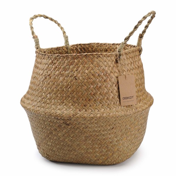 Natural Basket Seagrass Storage Basket Flower Pot Woven Laundry Basket with Handle, Foldable Belly Basket Toy Storage