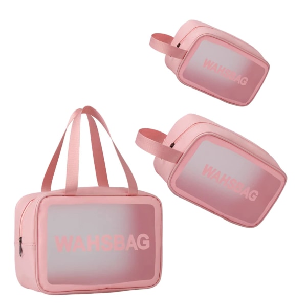 Pakke med 3 gennemsigtige kosmetiktasker, toilettaske til transport af væsker, gennemsigtig toilettaske, rejsetilbehør til håndbagage pink