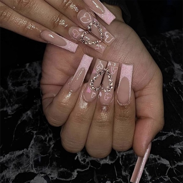 24 stk. Falske Negle med Lim - Lange Kiste Ballerina Manicure Fuld Dækning Tryk på Negle - Seje Falske Negle til Kvinder Piger (Splejset Hjerte Rhinestones)