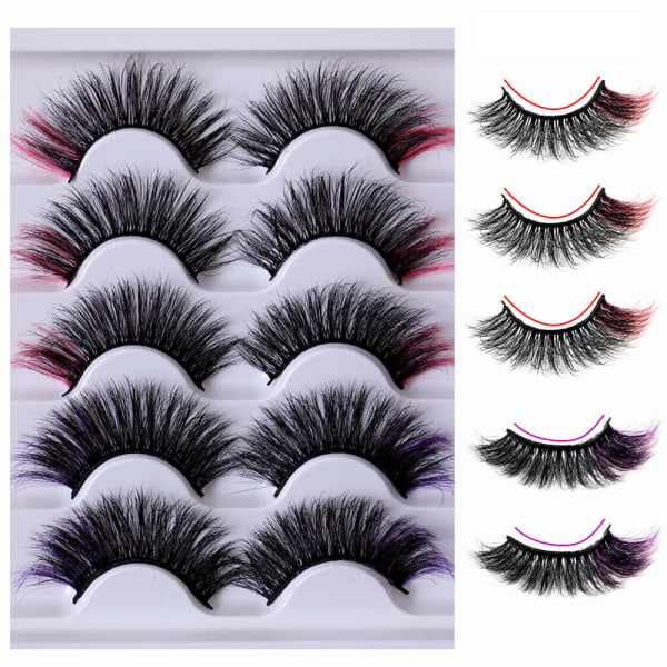 5D False Lashes with Color Faux Mink Eyelashes Wispies Fluffy Colored Pink Purple Eyelashes Dramatic Strip Lashes 5 Pairs Pack