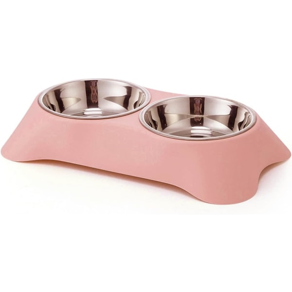 Dobbel hundeskål, sklisikre dobbelskål i rustfritt stål med sølfri for små hunder og katter (rosa，28,5*16*5,5 cm) Pink