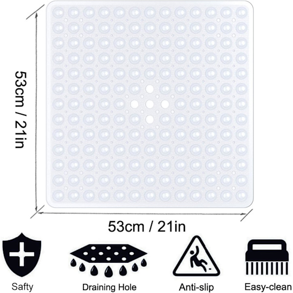 Kvadratisk duschmatta halkfri anti-mögel - 53 x 53 cm för duschkabin, halkfria duschmattor med dräneringshål och sugkoppar, maskintvättbar, transparent Transparent