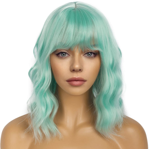 Kort Bob Wavy Peruk med Lugg för Kvinnor Lös Lockig Axel Längd Syntetisk Cosplay Peruk Bob för Flicka Färgglada Kostym Peruker (Mintgrön)