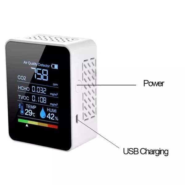 CO2-måler Multifunktionel termohygrometer Hjem Digital luftdetektor Intelligent luftkvalitetsmonitor, hvid