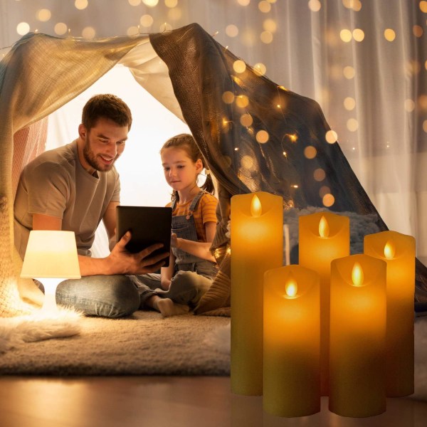 Set med 5 realistiska dansande LED-flimrande vekar för fester, batteridrivna, 10-tangenters fjärrkontroll, elfenbensfärg.