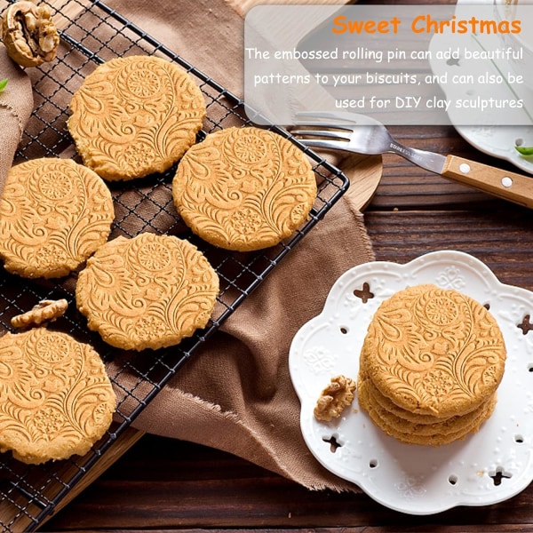 Julekjevle, julepreget mønstret teksturert trekjevle for baking Gravert, Cookie Stamps Roller (Snøfnugg)35CM*5CM 35CM*5CM