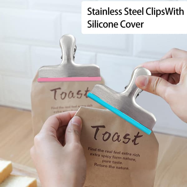 Poseluklips i rustfrit stål, 5 stk. madposeklips, farverige madposeklips, med silikonekanter, 8 cm brede fryseposeklips til køkken, kontor