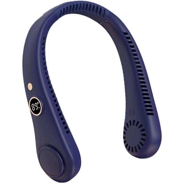 Halsfläkt 5-hastighets digital display USB uppladdningsbar bladlös fläkt - 360° bladlös design - Bärbar hängande halsfläkt för utomhusbruk, presenter (blå)