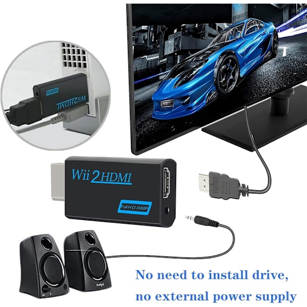 Wii HDMI-adapter, Wii til HDMI-konverter, støtter alle Wii-skjermmodus med 3,5 mm lydutgang og HDMI (svart)