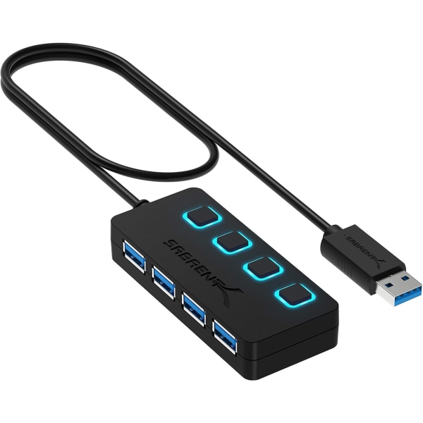 USB 3.2 -keskitin, 4-porttinen USB-datakeskitin, nopea USB-sovitin, moniporttinen USB yksittäisillä virtakytkimillä ja ilmaisimilla (HB-UM43)