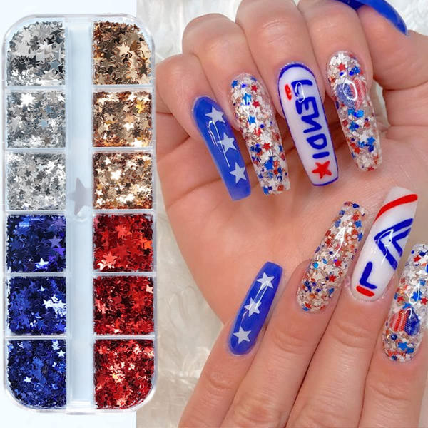 12 ruudukkoa tähti kynsien taide glitter 3D holografinen itsenäisyyspäivän kynnet paljetit glitter hiutaleet kynsien taide tarvikkeet kynsien taide tarrat suunnittelu