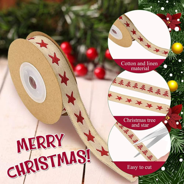 Julband 2 rullar, brunt julklappsband Hantverksband i bomullsband Julgranstjärnaband, 9,2 M/10 Yd julband