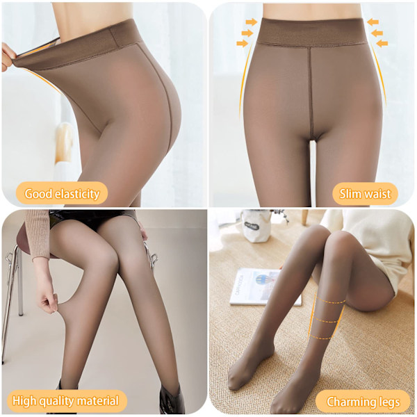 Fleecefodrade tights, vintertights för kvinnor termiska elastiska högmidjade falska genomskinliga vinterleggings för kvinnor (M, 80 g) light brown M