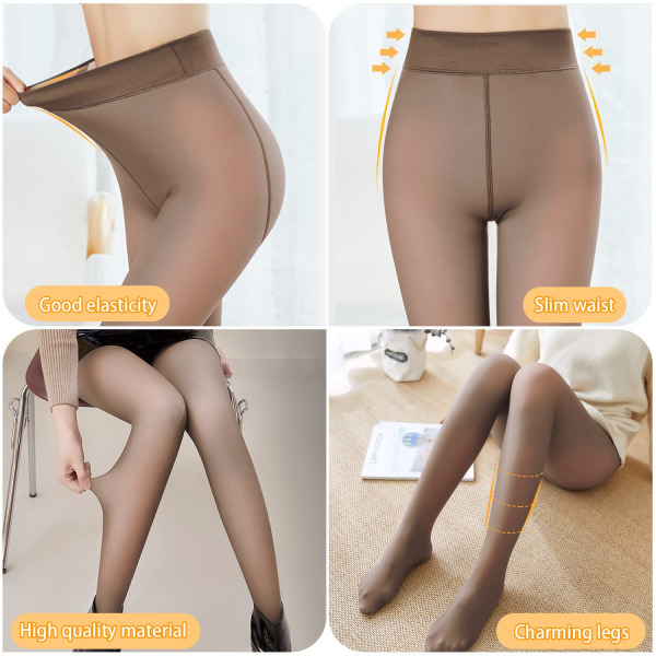 Fleecefôrede tights, vintertights for kvinner Termisk elastisk høy midje falske gjennomsiktige vinterleggings for kvinner (M,80g) light brown M