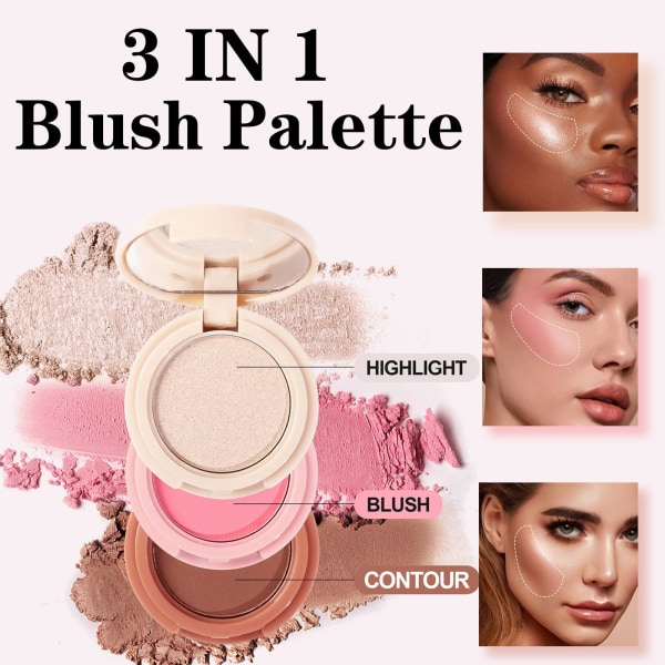 Blushers til kinder make-up, pulverblusher, konturpalet, highlighterpulver, 3 i 1 farverig blusher, langtidsholdbar makeup blusher indbygget spejl