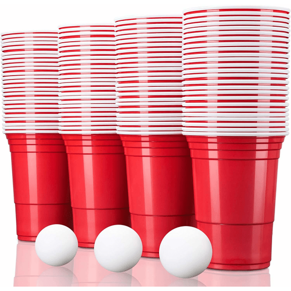 100 Beer Pong kopper gjenbrukbare | Festkopp 473ml - 16oz | Beer pong, røde kopper ekstra sterke | Plastkopp rød