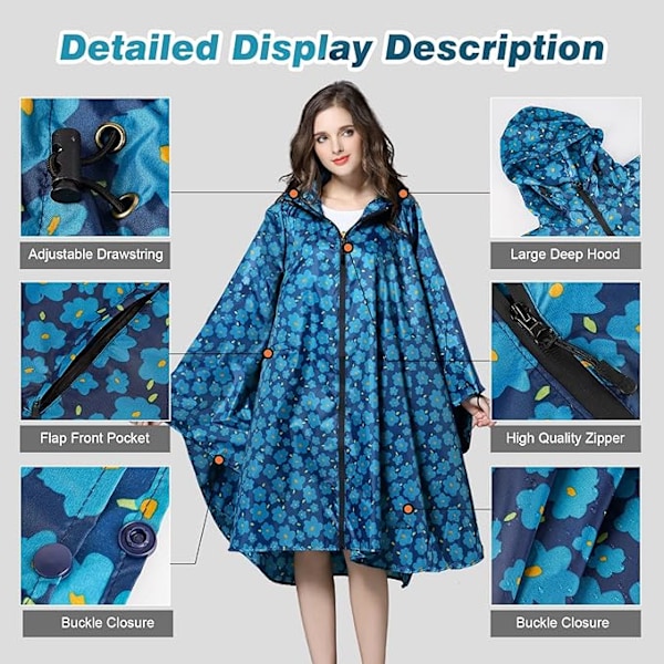 Regnrock för kvinnor, lång regnponcho, vattentät regnkläder, regnjacka, vindtät regnkåpa, regnrock, regnskyddskläder med flikficka Navy blue