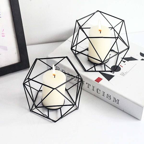 Ljusstakar Guld Geometrisk Dekor - Tealight Holder för Tealights Dekorativ Ljusstativ Accenter för Hembord Hylla Mantel, Svart, 2 st Black