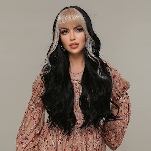 Lång vågig Ombre Svart Peruk för Kvinnor Blond till Svart Peruk Med Lugg Naturlig Syntetisk Peruk Med Lugg Blond Lugg Peruker för Daglig Fest Cosplay Användning