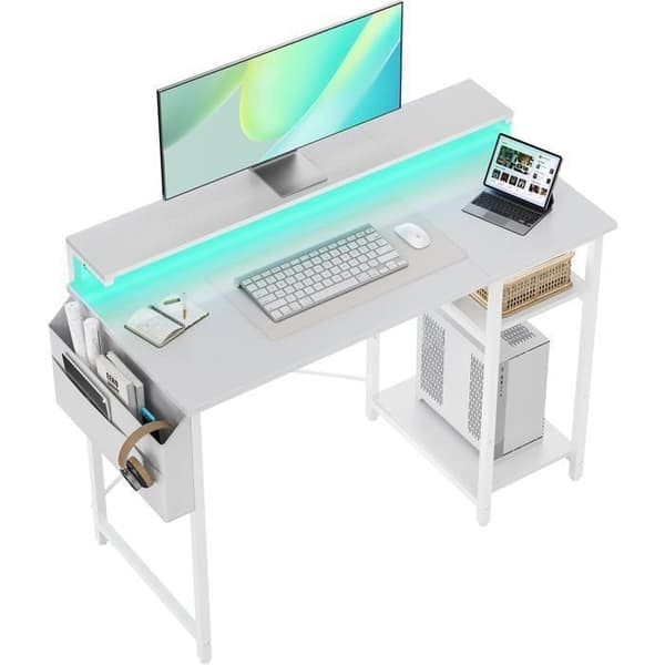 Computerbord - ECOFURNIX - 100 x 48 cm - To-lags model - LED-belysning - Højdejusterbar - Hvid Vit