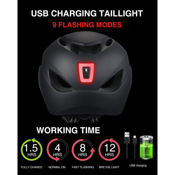 Pyöräilykypärä USB latauksella takaturvavalo ja heijastinhihna Unisex miehille/naisille, E-pyöräilykypärät visiirillä, säädettävä koko (musta) Gray