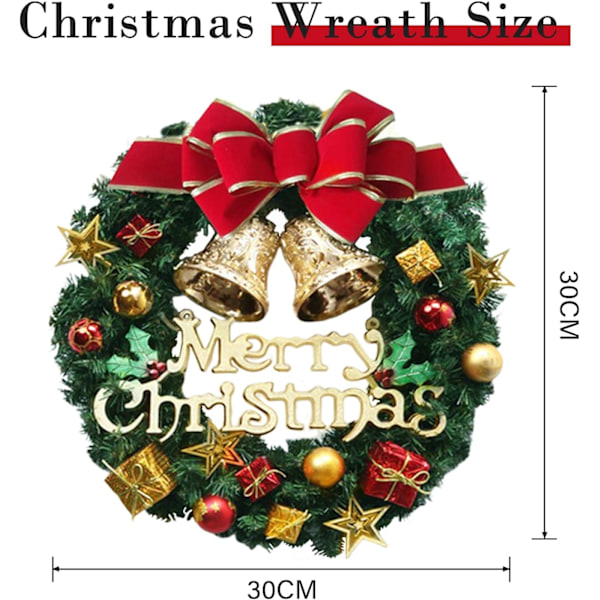 Kunstig Julekrans, 30 cm Julekrans med Rød Sløjfe, Julekugle, Julekrans til Udendørs Dør til Væggen, Butiksvindue Dekoration
