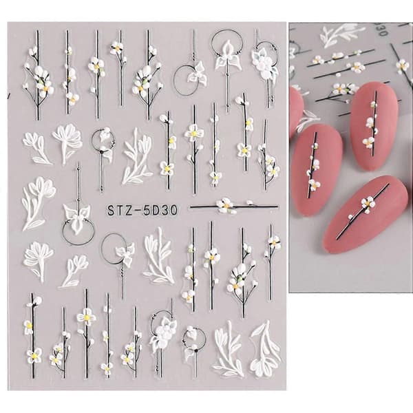 3D-pregede vårblomst negleklistremerker Dekaler Selvklebende Pegat