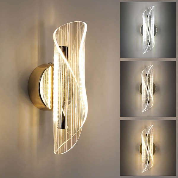 LED-vägglampa inomhus, 10W gyllene modern vägglampa dimbar med 3 ljusfärger, modern väggbelysning i akryl