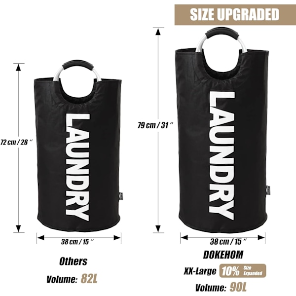90L Stor tvättkorg, hopfällbar tvättkorg, fristående hög klädbehållare, hopfällbar tvättkorg (svart)