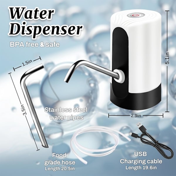 Vann Dispense for 5 Gallon Flaske, Portabilitet Elektrisk Vannpumpe med USB Datakabel, Hvit Automatisk Drikkevannsflaske Pumpe