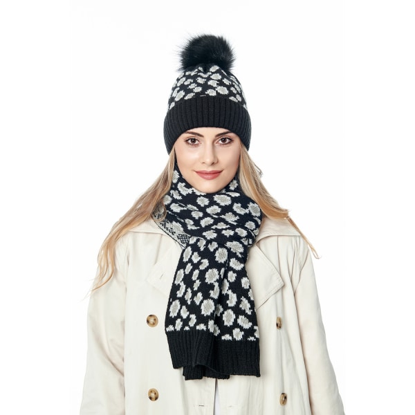 Damehatte tørklædesæt bobble hat med fleece og leopardprint black