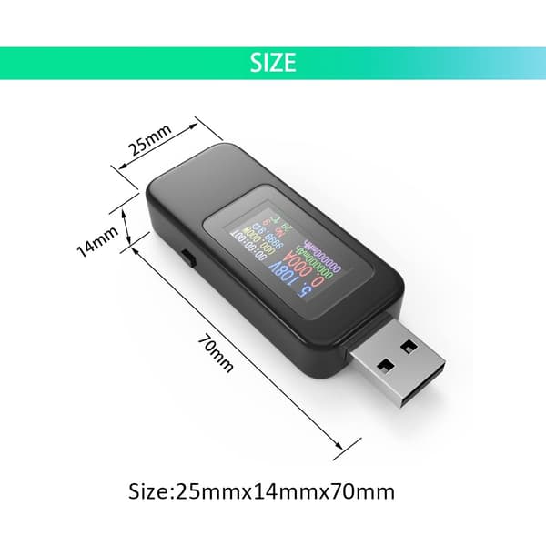 USB Voltmeter, USB Multimeter, Spændingstester, Strømtester, USB Strømmåler, Farveskærm, Voltmeter, Amperemeter, Spænding og Strøm 0-5.1A, 4-30V