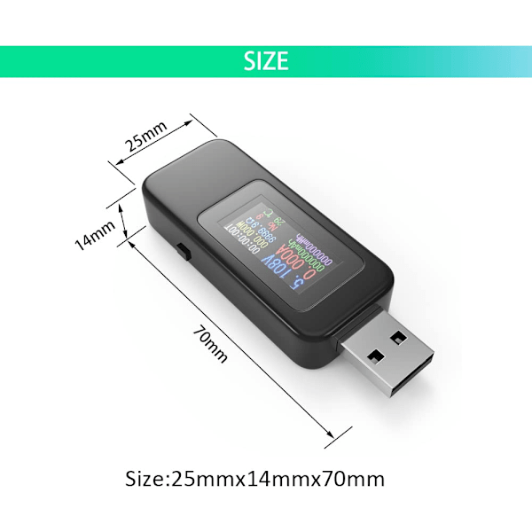 USB Voltmeter, USB Multimeter, Spänningstestare, Strömtestare, USB Effektmätare, Färgskärm, Voltmeter, Amperemeter, Spänning och Ström 0-5.1A, 4-30V