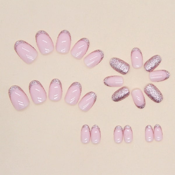 24 stk. Almond Tryk på Negle Korte, Fransk Tip Falske Negle Blanke Pink Glitter Falske Negle med Lim Stickers, Oval Fuld Dækning