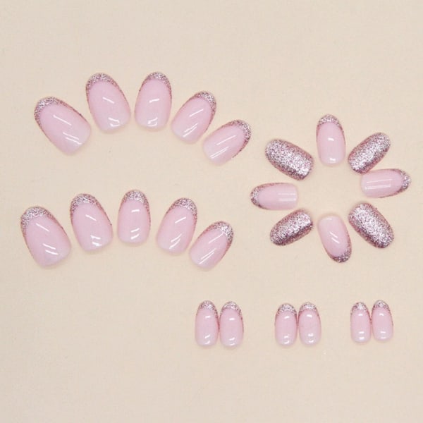 24st mandelpress på naglar Korta, franska spetsar falska naglar glänsande rosa glitter lösnaglar med klistermärken, ovala cover