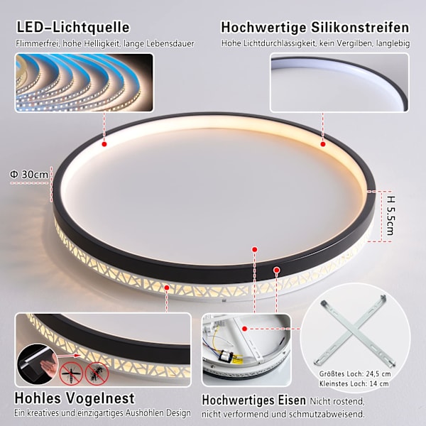 LED loftslampe dæmpbar med fjernbetjening, 30W 30cm rund sort hul design “fuglerede” loftslampe soveværelse