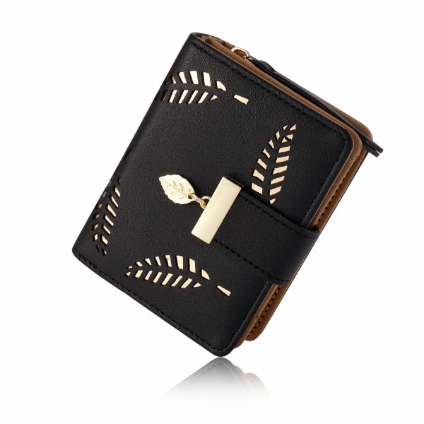 Plånbok för damer, små tvåfaldiga läderplånböcker för kvinnor med kontant-ID kreditkortshållare, ihåliga blad för damer Veganska myntplånböcker Pengapåsar (svarta) Black